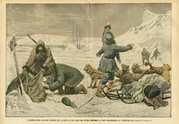 Ilustração de Eugene Damblans (1865-1945) em Le Pelerin, 02/04/05 - A missão russa Klotchak descobre na estrada do pólo norte uma carta confirmando a infeliz perda da expedição Toll - Pólos Norte e Sul, Polar Expeditions, Ice, Sledge Trai