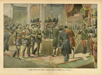 Ilustração de Eugene Damblans (1865-1945) em Le Pelerin, 03/04/04 - No Japão, Mikado presidindo a sessão de abertura do Parlamento - Japão, Hemiciclo da Câmara dos Deputados, Mikado, Arquitetura Interna - Mikado