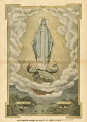 Ilustração de Eugene Damblans (1865-1945) em Le Pelerin, 04/12/04 - Mary immaculee aparece ao mundo e traz salvação ao mundo - Religion Faith, Catholic Catholicism - Concepção immaculee - Mary, Dragon - Clouds - Earth