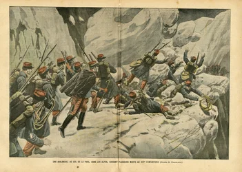 Ilustração de Eugene Damblans (1865-1945) em Le Pelerin, 06/03/04 - Uma avalanche, no desfiladeiro Pare, nos Alpes, causando várias mortes no 157º de Infantaria - Vários fatos, Armee, Escalada de Montanha, Infantaria, Alpes, Avalanche - Soldado