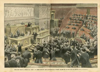 Ilustração de Eugene Damblans (1865-1945) em Le Pelerin, 06/11/04 - Depois de insultar o Papa e A Cruz, M. Combes insultou M. Ribot que desceu do pódio, aplaudido por dois terços dos deputados - Câmara de Deputados Hemiciclo, Luta, Retificação