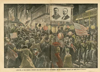 Ilustração de Eugene Damblans (1865-1945) em Le Pelerin, 20/11/04 - Em Nova Iorque, a multidão aplaude o presidente reeleito dos Estados Unidos e o vice-presidente, cuja transparência reproduz as características - America USA, Elections, Architecture Urban