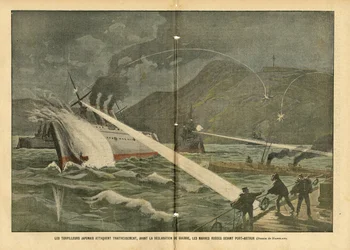 Ilustração de Eugene Damblans (1865-1945) em Le Pelerin, 21/02/04 - Torpedos japoneses atacam navios russos antes da declaração de guerra antes da declaração de guerra - Rússia, Japão, Marinha de Guerra Marítima, Port Arthur, Guerra Rússia-Japão, Navios de
