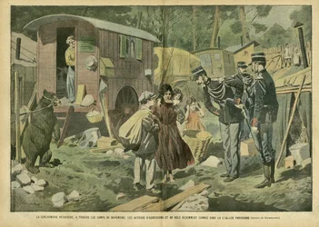 Ilustração de Eugene Damblans (1865-1945) em Le Pelerin, 21/04/07 - A gendarmerie procura, através dos campos de boémios, autores de ataques e roubos recentemente cometidos nos subúrbios parisienses - Diversos factos, Infância, Polícia, Misere, Insecu