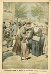 Ilustração de Eugene Damblans (1865-1945) em Le Pelerin, 24/07/04 - Decretos que expulsam irmãos e irmãs indignam o povo - Ensino, Fé Religiosa, Multidão, Catolicismo Católico - Separação da Igreja e do Estado, Despejos de Religiosos, Ensinar