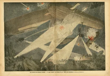 Ilustração de Eugene Damblans (1865-1945) em Le Pelerin, 24/11/07 - Um episódio de guerras futuras - Quais serão as batalhas no tempo dos dirigíveis - Guerra, Aerostação de zepelins dos dirigíveis Balões, Nocturno, Luta
