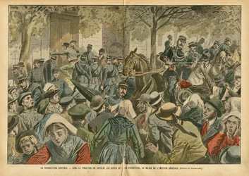 Ilustração de Eugene Damblans (1865-1945) em Le Pelerin, 27/10/07 - A perseguição continua Em Finistere, as curas do seu presbitério são expulsas no meio da emoção geral - Religion Faith, Brittany, Crowd, Catholic Catholicism, Finistere - S
