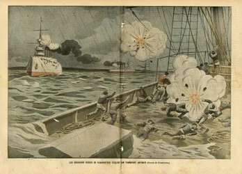 Ilustração de Eugene Damblans (1865-1945) em Le Pelerin, 28/02/04 - Os cruzadores russos de Vladivostok afundam um transporte japonês - Armee, Marine Seaside, Guerra Rússia-Japão, Navios de guerra, Vladivostok - Marinheiros, marinheiros