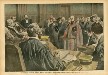 Ilustração de Eugene Damblans (1865-1945) em Le Pelerin, 28/07/07 - A eveque de MGR Carcassonne comparada a uma polícia correcional por ter abençoado um casamento, durante a greve dos prefeitos - Processo de Justiça, Fé Religiosa, Casamento, Carcassonne, C