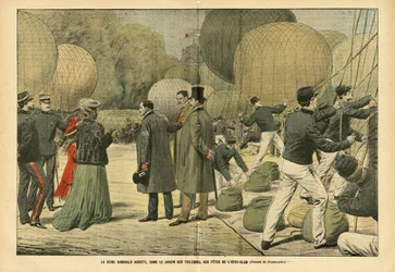 Ilustração de Eugene Damblans (1865-1945) em Le Pelerin, 29/10/05 - A Rainha Ranavalo assiste, no Jardim das Tuileries, à festa do Aero-Clube - Aeronave zeppelins de balões, Paris, Madagascar, Jardim Público, Soberanos Estrangeiros, Tuileries - Ranava