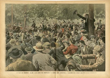 Ilustração de Eugène Damblans (1865-1945) em Le Pèlerin, 30/06/07 - A multidão do Narbonnais aclama o homem de Montpellier, M. Ferroul, cuja detenção causou dias sangrentos - Sociedade, vinho, crise do vinho, revolta dos viticultores, Narbona - Ernest