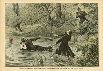 Ilustração de Eugene Damblans (1865-1945) em Le Pelerin, 30/07/05 - Em Riaucourt (Haute-Marne) dois padres morrem vítimas de sua devoção tentando salvar uma criança que foi afogada - Fatos diversos, Infância, Marítimo Náutico Balneaire, Riviere