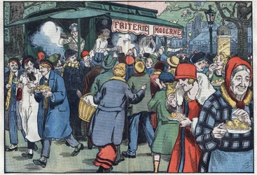 Em Paris, um vendedor de batatas fritas de rua, encorajado pelo governo, percorre os vários bairros para incentivar a população a comer peixe. Ilustração de Damblans. No "Le Pelerin" de 11 de Abril