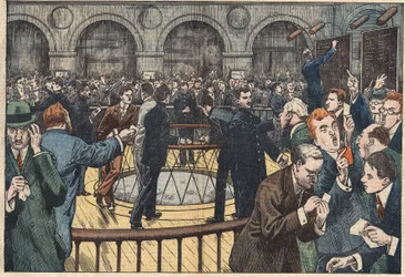 Vista interna da Bolsa de Valores de Paris. Ilustração de Damblans. Em "Le Pelerin" de 5 de Dezembro