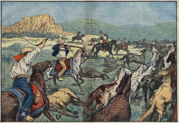 Os agricultores mexicanos estão matando cavalos selvagens para evitar a escassez de alimentos em seu país. El Paso Plains, México. Ilustração de Damblans. Em "Le Pelerin", de 6 de outubro.
