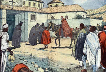 Dom Lepicier, da Ordem dos Servos de Maria, arcebispo de Tarso, foi recebido no mosteiro copta de Debre-Bizen por ocasião de uma visita apostólica à Abissínia (Etiópia). Ilustração de Damblans. Em "Le Pelerin" de 21 de agosto