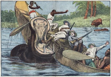 No Lago Vitória, África, um barco ocupado por missionários anglicanos e indígenas é virado por um hipopótamo ferido. Ilustração de Damblans. No "Le Pelerin" de 16 de maio