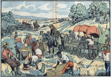 Migração populacional em África: 2000 bôeres deixam a colónia portuguesa de Angola em carruagem para as regiões mais férteis da África do Sul. Ilustração de Damblans em "Le Pelerin" de 30 de Setembro