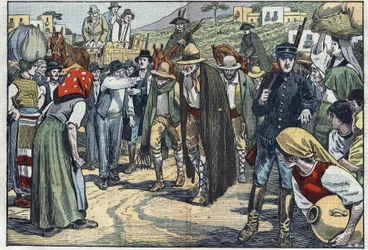 Assaltantes presos pela polícia fascista italiana. Sicília, Itália. Ilustração de Damblans. Em "Le Pelerin" de 14 de fevereiro...