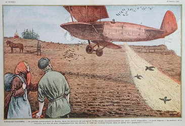 Semente de um avião na Rússia Soviética, ilustração para a revista "le Pelerin", 22 de Outubro de 1933 (cor litho)
