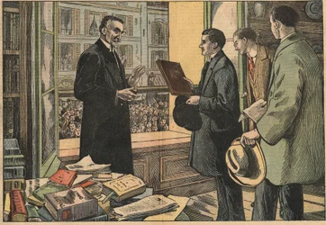 Estudantes da Faculdade de Direito dão um discurso ao Reitor Henry Berthelemy (1857-1943). Ilustração de Damblans. Em "Le Pelerin" de 10 de abril