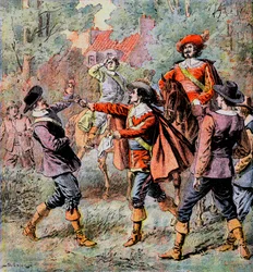 O Mosqueteiro de Artagnan, escoltado pelo seu amigo Porthos, ameaça um adversário com a sua pistola - Ilustração de Damblans para o romance "Os Três Mosqueteiros" de Alexandre Dumas no "Diary des roman populaires illustres" do início do século XX -