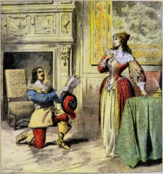 O Mosqueteiro de Artagnan ajoelha-se aos pés da Rainha Ana da Áustria para devolver as suas cartas - Ilustração de Damblans para o romance "Ving ans Apres" de Alexandre Dumas no "Journal of Illustrous Folk Romans" do início do século XX