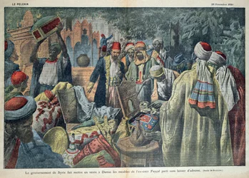 A venda pelo governo sírio dos bens do emir Faisal (1883-1923) em Damasco, ilustração da revista &39;Le Pelerin&39;, 20 de novembro de 1920
