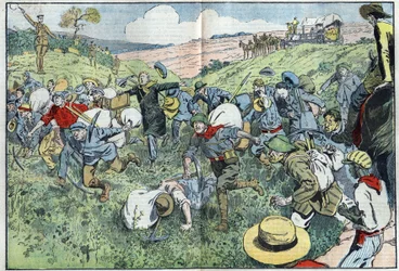 A corrida diamantífera (África do Sul): uma corrida organizada para decidir quem irá ocupar os lotes de diamantes mais próximos do depósito. Ilustração de Damblans em "Le Pelerin" de 3 de agosto