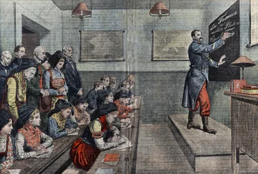 A primeira aula de francês na Alsácia é reconquistada. Ilustração de Damblans. Em "Le Pelerin" de 1914.