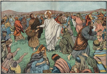 A multiplicação dos pães: nas margens do Lago Tiberiad, Jesus Cristo (Jesus Cristo) satisfez a população multiplicando cinco pães de cevada e dois peixes. Ilustração de Damblans. Em "Le Pelerin" de 18 de março