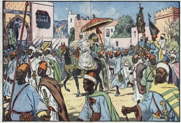 O novo sultão de Marrocos, Moulay Mohammed, faz a sua entrada na cidade de Rabat. Ilustração de Damblans. No "Le Pelerin" de 4 de dezembro