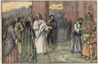 A oferta da viúva. Evangelho segundo São Marcos, capítulo 12, v. 41-44. Ilustração de Damblans. Em "Le Pelerin" de 28 de junho