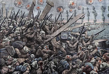 Guerra 1914-1918. Frente da Bélgica 1914. Soldados alemães no Yser. Soldados alemães no Yser.
