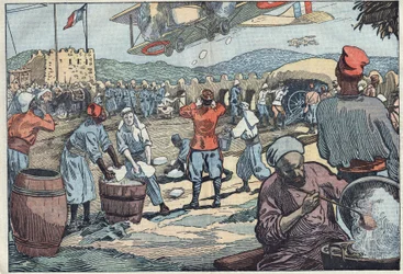 Guerra em Marrocos: Aviões franceses abastecem de gelo um cerco de quarteirão por marroquinos dissidentes. Ilustração de Damblans. Em "Le Pelerin" de 24 de Maio