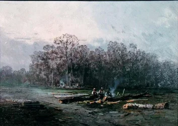 Misty Landscape with Woodcutters (óleo sobre tela)