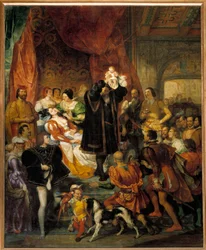 Nascimento do rei Henrique IV em 13-12-1553 no Chateau de Pau Jeanne III, conhecido como Jeanne d "Albret, dá à luz o futuro rei mostra visitantes de seu pai Antoine de Bourbon