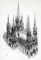 Vista isométrica da catedral ideal, desenho de Eugene Emmanuel Viollet-le-Duc (1814-1879) do Dicionário de Arquitectura Francesa do Século XI ao Século XVI
