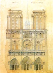 Projeto de restauração da fachada oeste da catedral de Notre Dame em Paris com reconstrução da torre na travessia, 1843