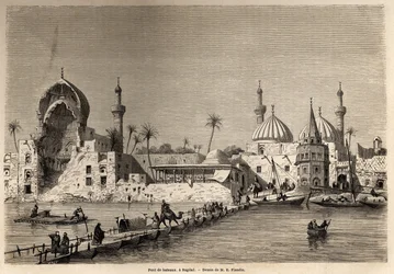 Uma ponte de barcos em Bagdade, desenho de Eugène Flandin (1809-1876), para ilustrar a sua viagem à Mesopotâmia em 1840-1842. Gravura em «Le Tour du Monde», 1861. Colecção Selva.