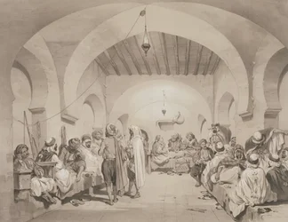 Café du Divan, Argel, de um volume comemorativo da Força Expedicionária francesa que capturou Argel em 1830, gravado por Adolphe Jean-Baptiste Bayot (1810-66)