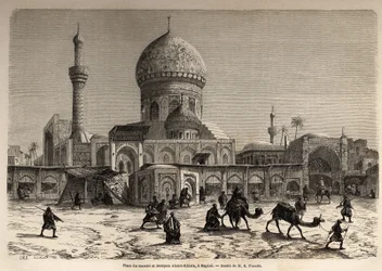 A Praça das Marcas e a Mesquita Ahmet Khiaia em Bagdá, desenho de Eugene Flandin (1809-1876), para ilustrar sua viagem à Mesopotâmia em 1840-1842. Gravura em "Le tour du monde", 1861. A coleção de Selva.