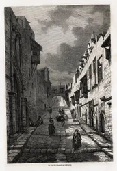 A rue des chevaliers, em Rodes, desenho de Eugene Flandin, para ilustrar a sua viagem à ilha de Rodes, em 1844. Gravura em "Le tour du monde", editado por Edouard Charton