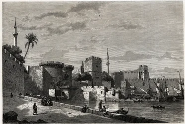 A vista do porto de Rodes e da porta de Aubusson, desenhada por Eugene Flandin, para ilustrar a sua viagem à ilha de Rodes em 1844. Gravura em "Le tour du monde", editado por Edouard Charton