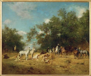 Cavaleiros árabes parados num bosque (pintura sobre tela)