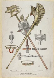 Acessórios do guerreiro Gálico: estandarte decorando um saglier ensina, o capacete e o warhorn (carnyx) - em "Illustrous Teaching Cahiers, War Costumes of the Bronze Age and the Gaulish Age", ed Grasset