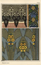 Arrowhead, Sagittaria sagittifolia, como motivo de design em bordados, vidros manchados e padrões de tecido