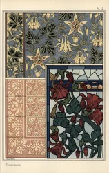 Columbine, Aquilegia vulgaris, flor em padrões para papel de parede, vidro manchado e azulejos
