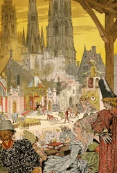 Representação de mistério no adro da catedral, ilustração para Notre-Dame de Paris por Victor Hugo (1802-1885)