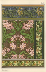 Jonquil, Narcissus jonquilla, como motivo de design em papel de parede e padrões de tecido
